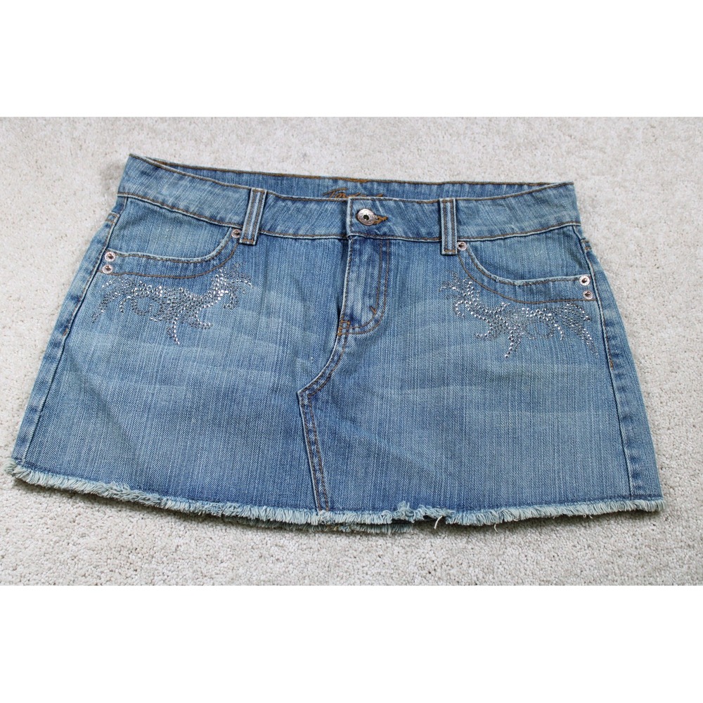 Jordache Denim Skirt Womens Size 9/10 Blue Frayed Hem Rhinestone Pockets Western